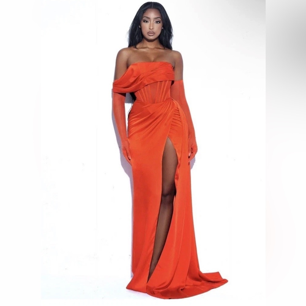 Brand New! Miss Circle Orange Rebeca Poinciana Satin High Slit Corset Gown